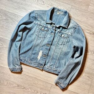 American Eagle Outfitters AE Distressed Sequin Denim Trucker Jacket Women’s L